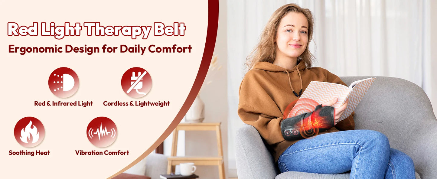 Red Light Therapy Wrap with Heat & Vibration, Infrared LED Pad for Wrist Arm Knee Pain Relief, Cordless Massager 660nm/850nm