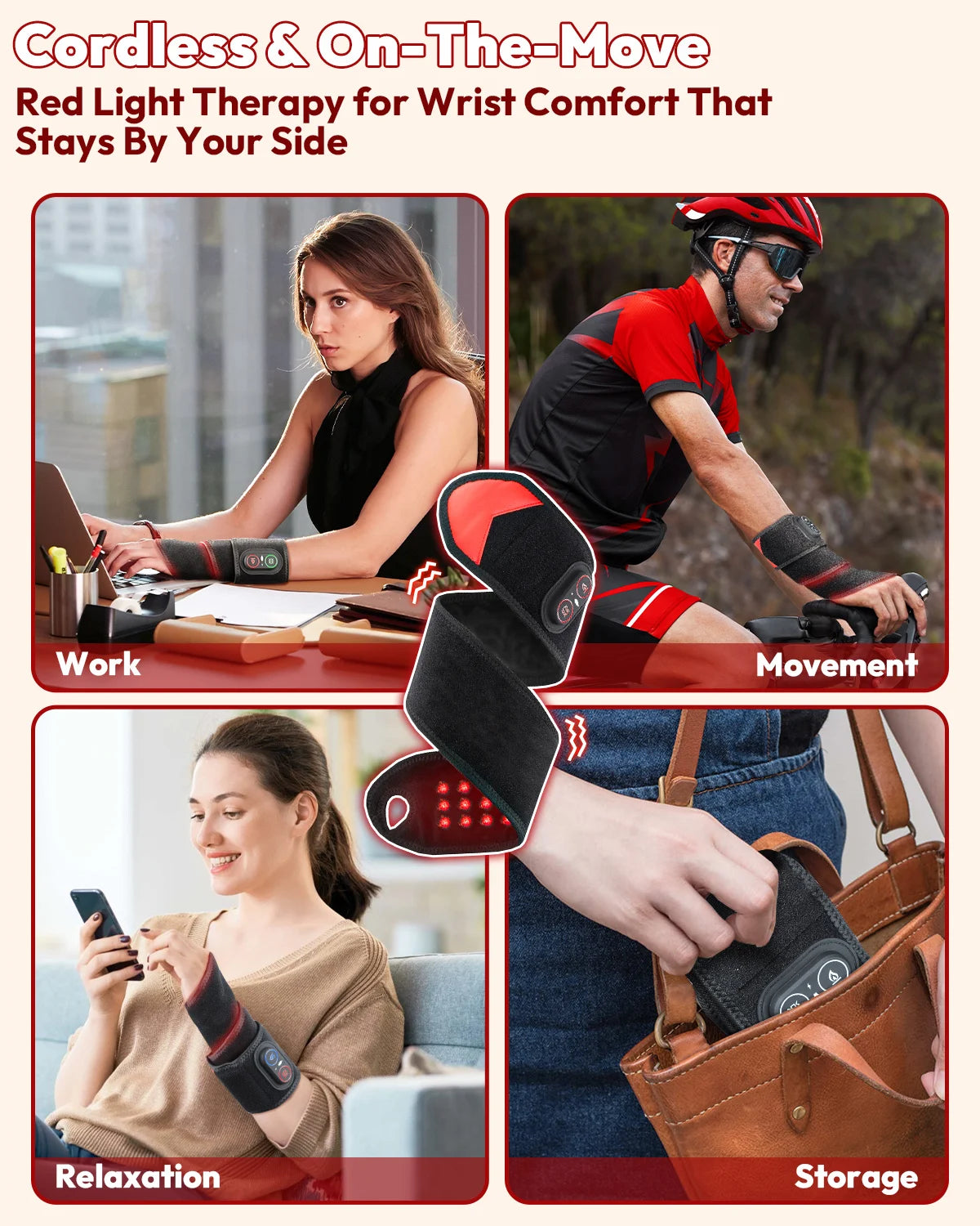 Red Light Therapy Wrap with Heat & Vibration, Infrared LED Pad for Wrist Arm Knee Pain Relief, Cordless Massager 660nm/850nm
