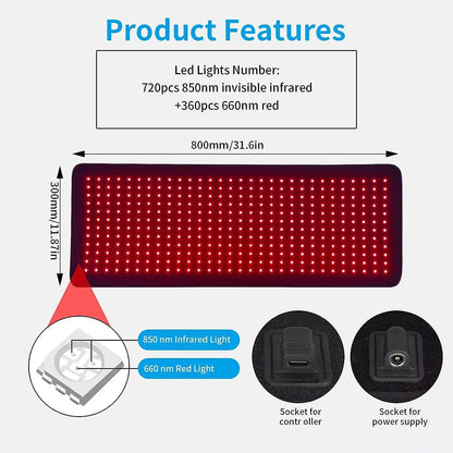 360 LEDs Red＆Infrared Light Therapy Belt Knee Joint Back Waist Pain Fatigue Relief Large Wrap Pad Full Body Muscle Relax Mat Kit