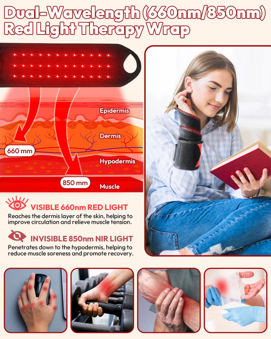 Red Light Therapy Wrap with Heat & Vibration, Infrared LED Pad for Wrist Arm Knee Pain Relief, Cordless Massager 660nm/850nm